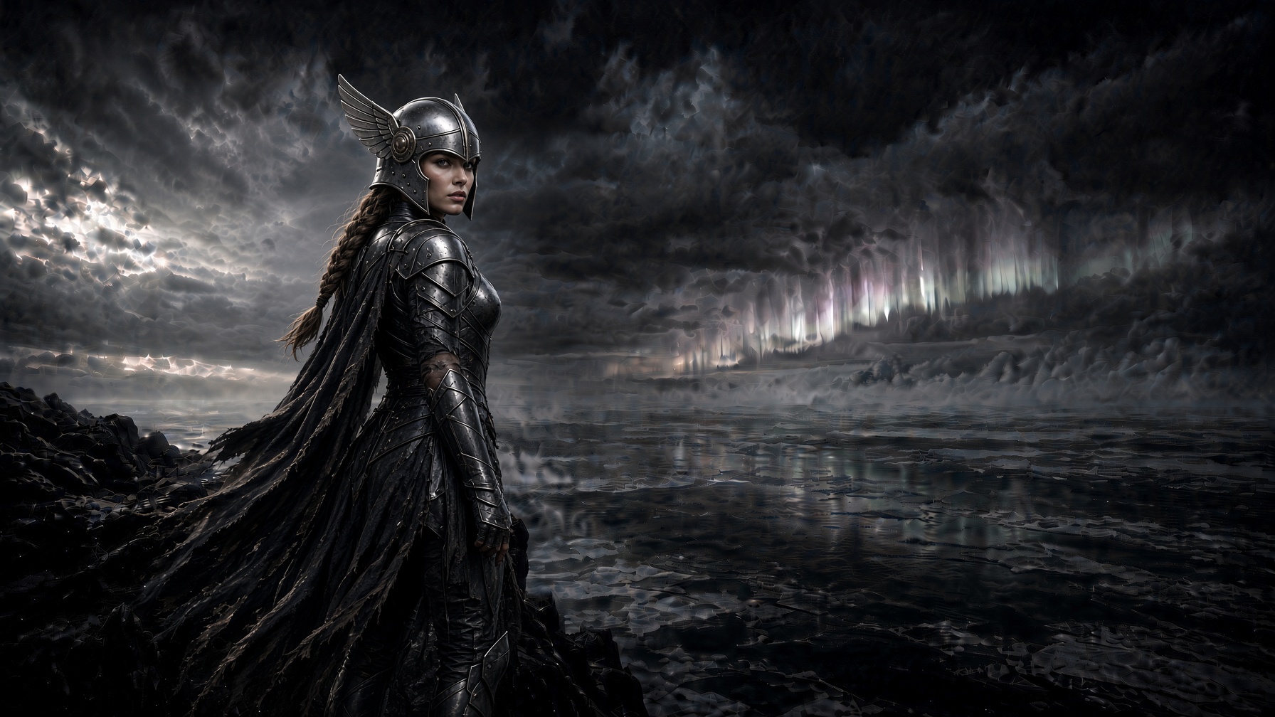 An original valkyrie in the studio's winged helm, on a cliff above a frozen sea
